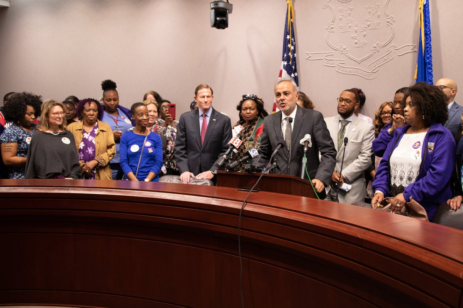 Dr. Saud Anwar at a press conference with advocates and Senator Blumenthal
